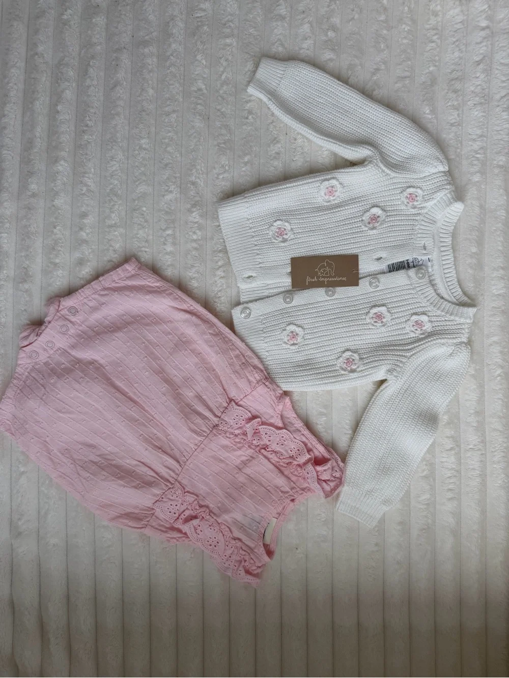 First Impressions White Crochet Cardigan & Pink Eyelet Romper